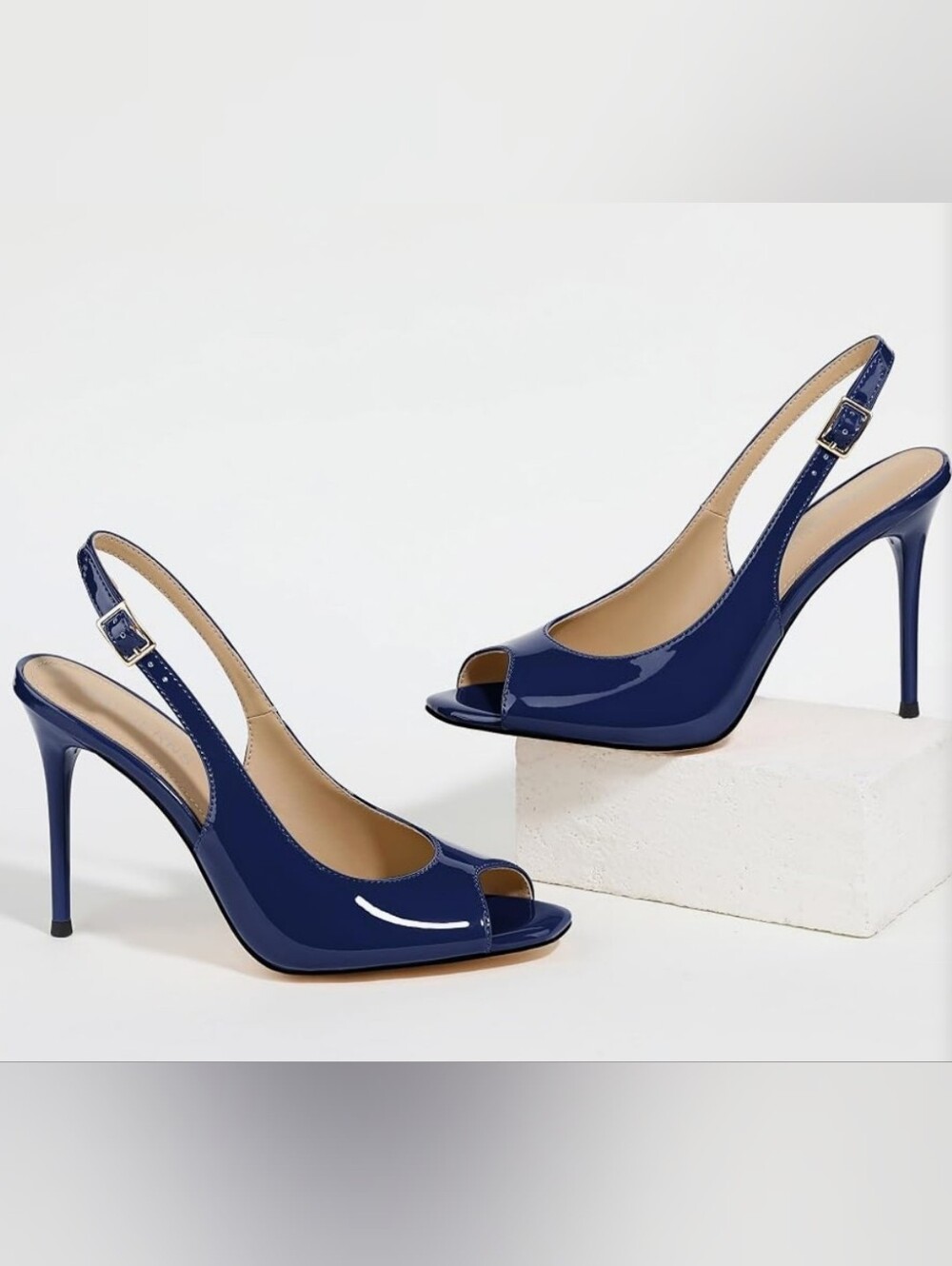 WAYDERNS Patent Leather Navy Slingback Peep-Toe Heels